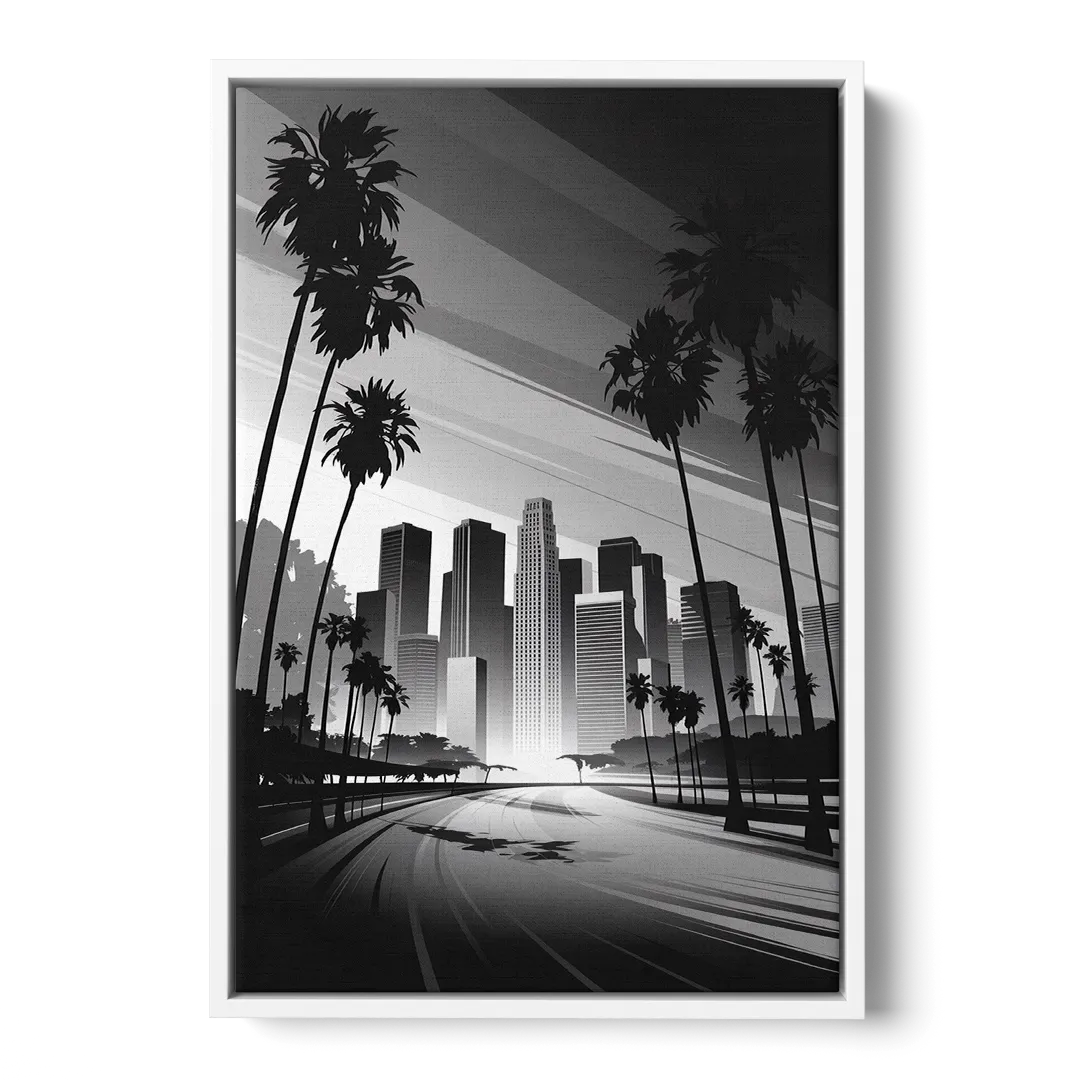 Los Angeles Black and White Cityscape Monochrome - White Frame Canvas