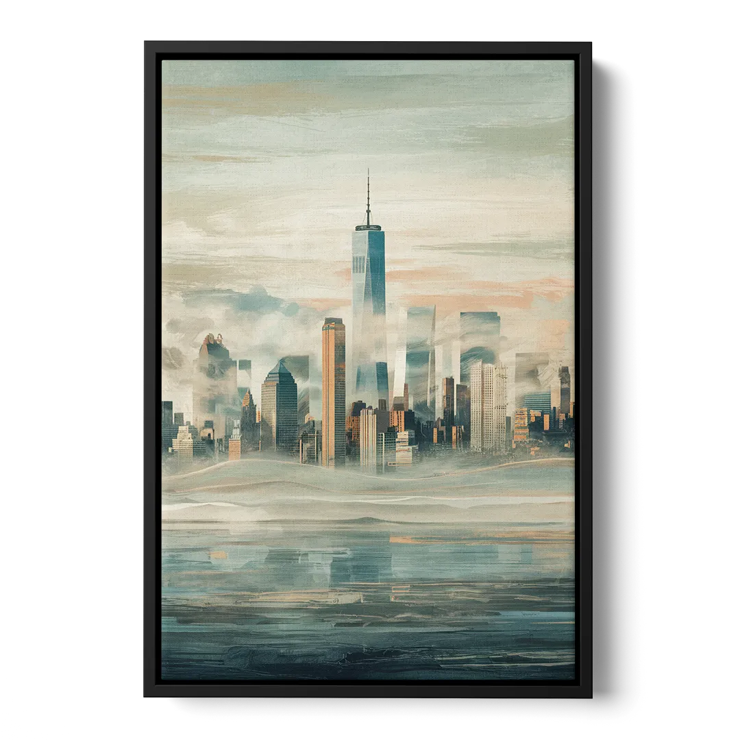 New York City Skyline in Fog Hudson - Black Frame Canvas