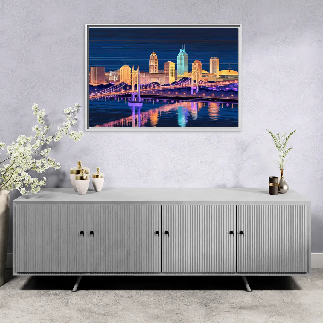 Cincinnati Nighttime Skyline - Living Room White Frame Canvas