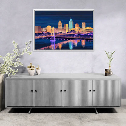 Cincinnati Nighttime Skyline - Living Room White Frame Canvas