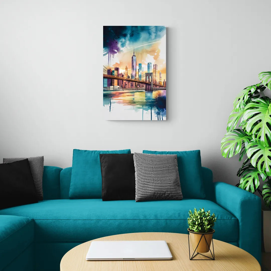 New York City Skyline in Watercolor Hudson - Canvas Wall Art Living Room