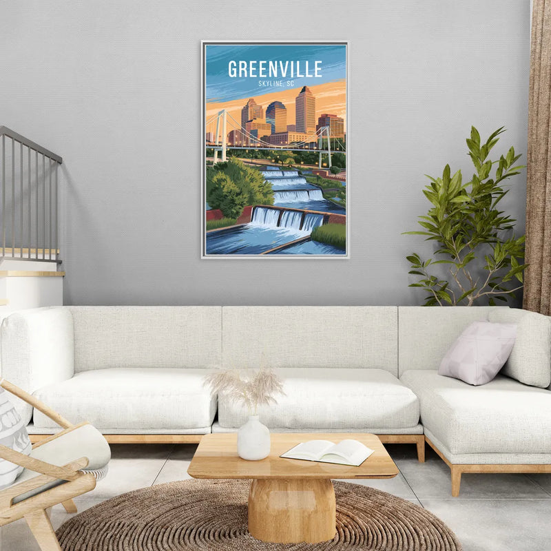 Greenville Skyline at Sunset - Living Room White Frame Canvas