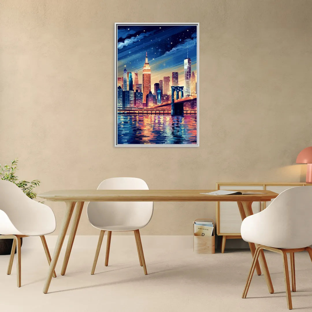 New York City Night Lights - Living Room White Frame Canvas
