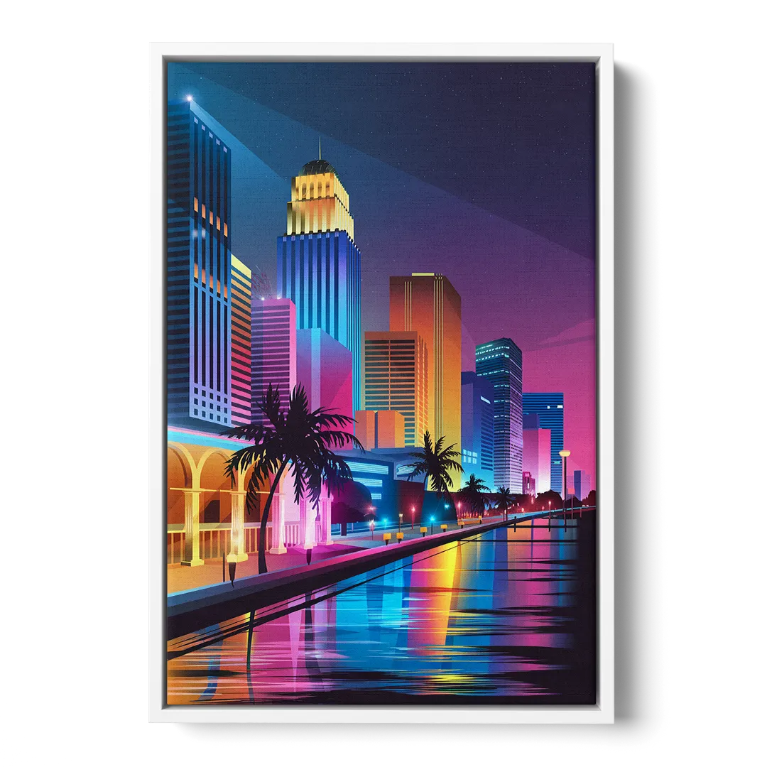 Miami Cityscape by Night - White Frame Canvas