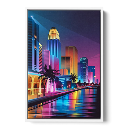 Miami Cityscape by Night - White Frame Canvas