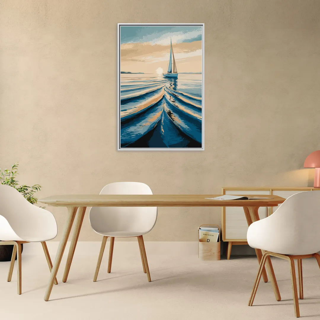 Seaside Sailboat Horizon - Living Room White Frame Canvas