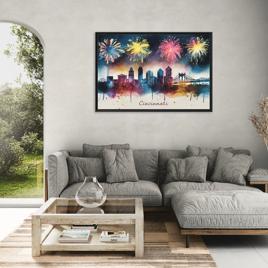 Cincinnati Skyline With Fireworks - Living Room Black Frame Canvas