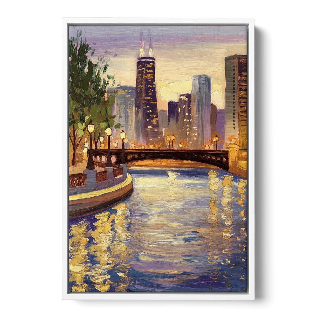 Chicago Riverwalk Charm - White Frame Canvas