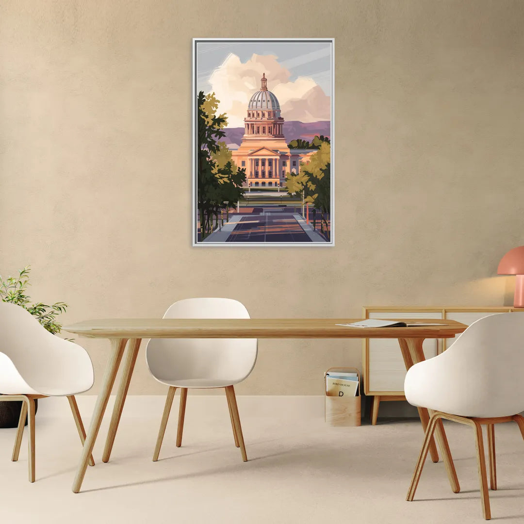 Boise Capitol Building View - Living Room White Frame Canvas