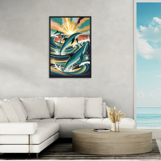Virginia Beach Dolphins in Motion - Living Room Black Frame Canvas