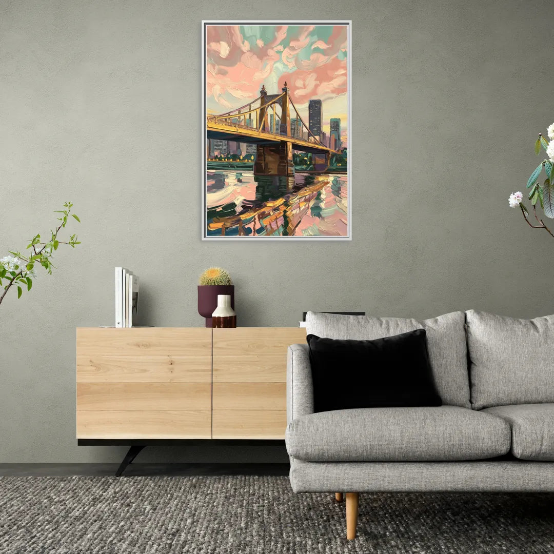 Pittsburgh Bridges and Rivers - Living Room White Frame Canvas