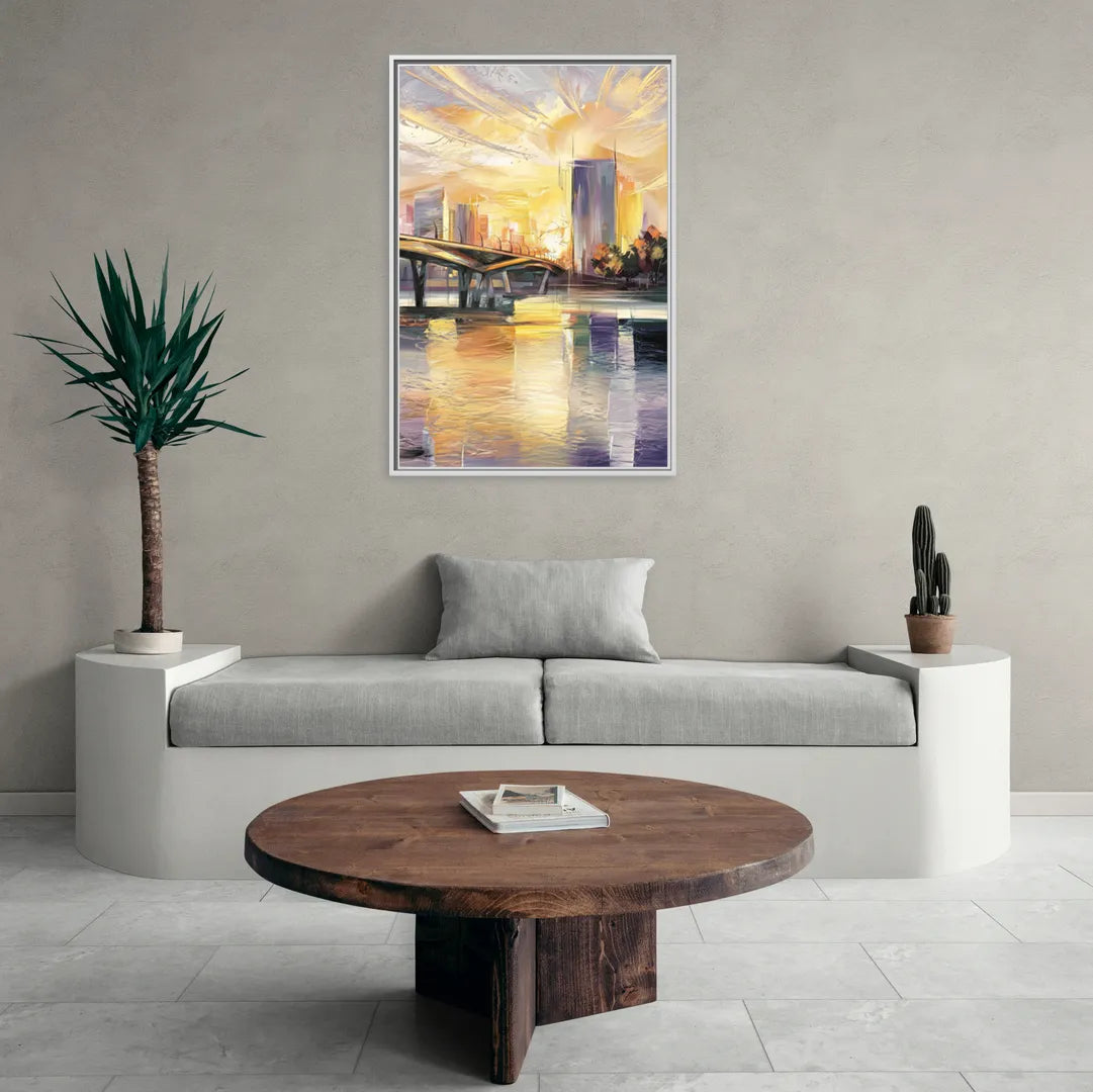 Tampa Riverwalk Sunrise - Living Room White Frame Canvas