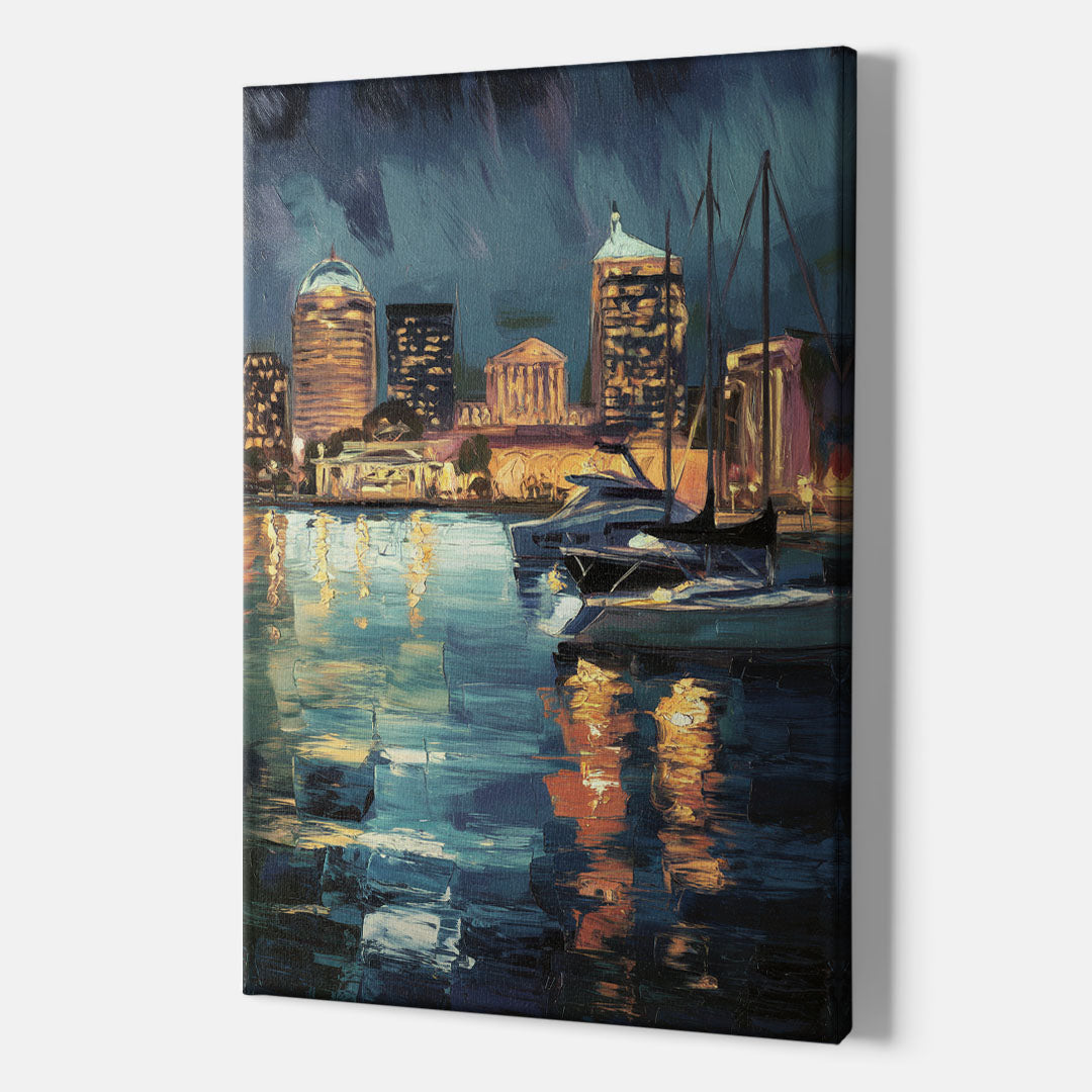 Baltimore Harbor Nightscape - Canvas Wall Art Indoor