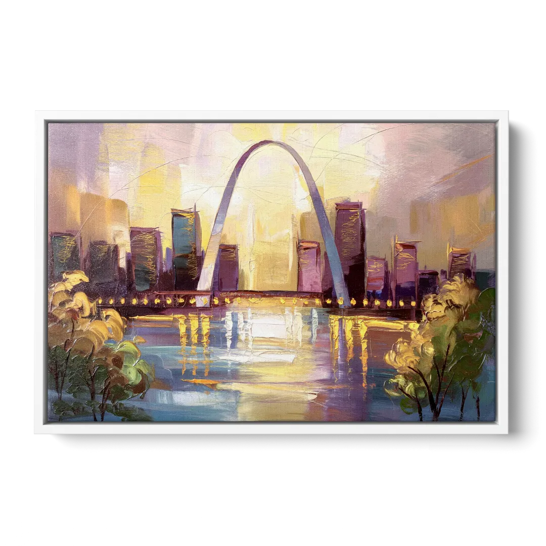 St. Louis Gateway Arch And City Lights - White Frame Canvas