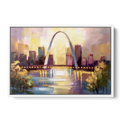 St. Louis Gateway Arch And City Lights - White Frame Canvas