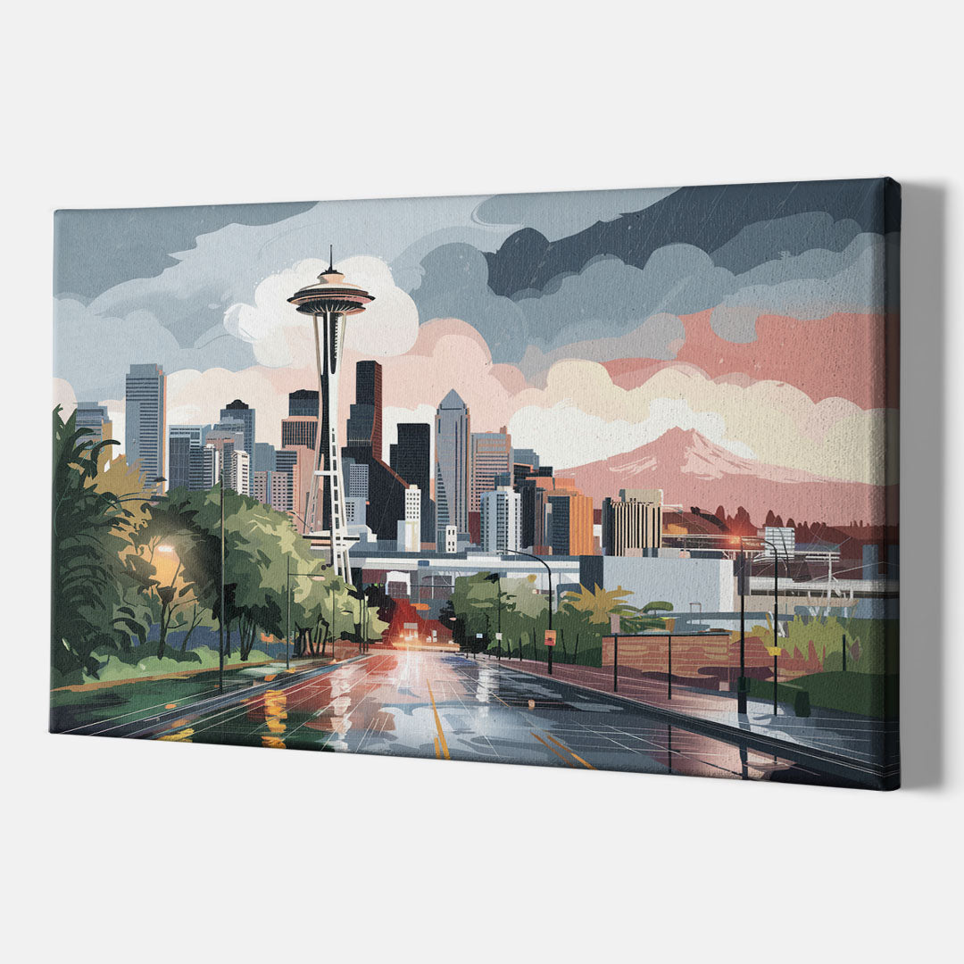 Seattle Rainy Day Skyline - Canvas Wall Art Indoor