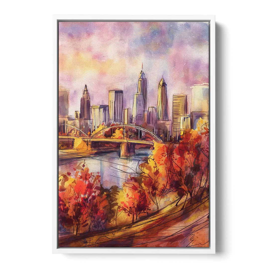 Cleveland Skyline in Autumn - White Frame Canvas