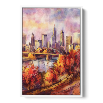 Cleveland Skyline in Autumn - White Frame Canvas