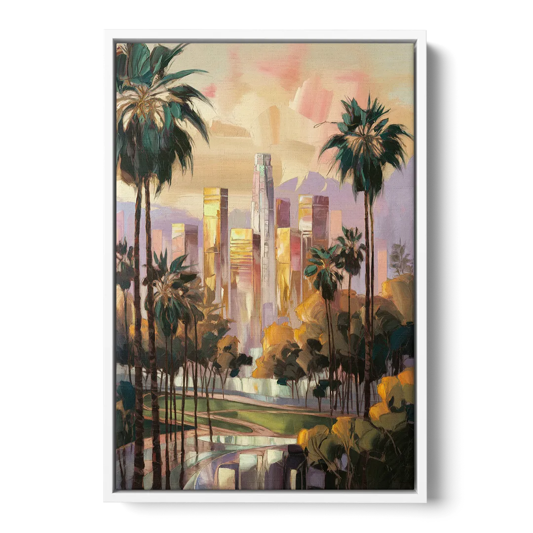 Los Angeles Palm Trees and Skyscrapers - White Frame Canvas