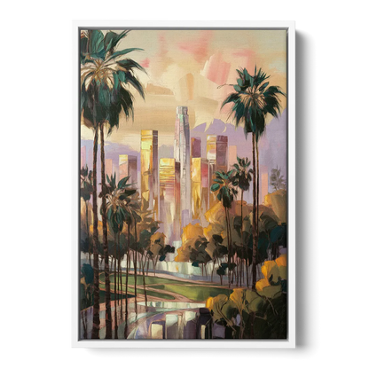 Los Angeles Palm Trees and Skyscrapers - White Frame Canvas