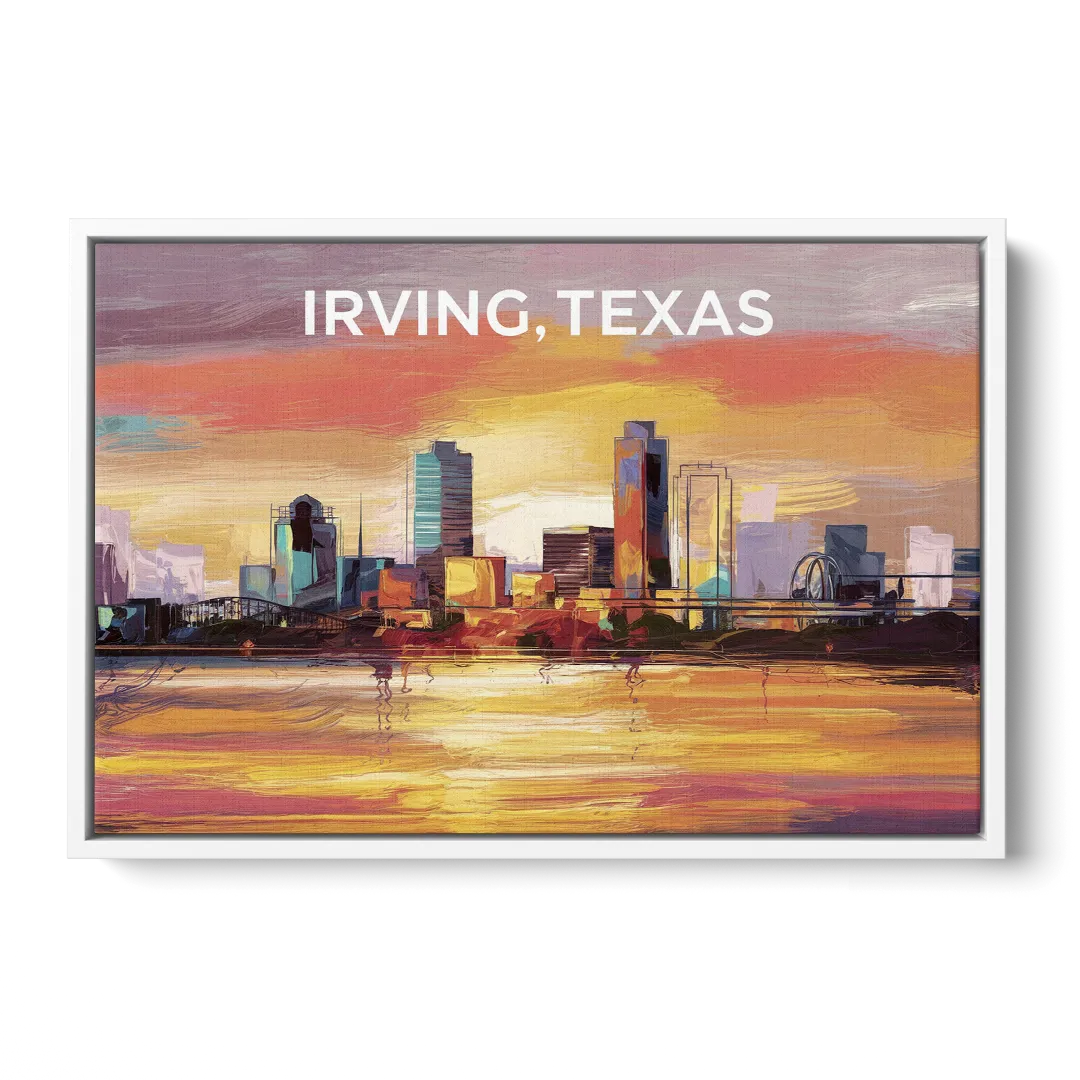 Irving Cityscape Sunset - White Frame Canvas