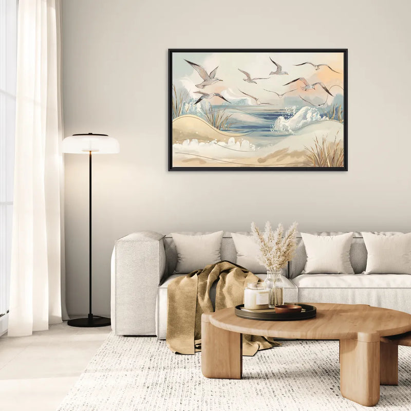 Myrtle Beach Seagulls In Flight - Living Room Black Frame Canvas