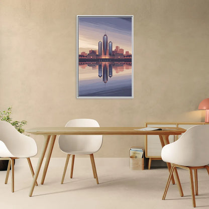Detroit Skyline Reflections - Living Room White Frame Canvas