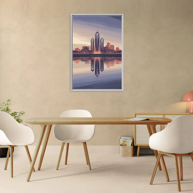Detroit Skyline Reflections - Living Room White Frame Canvas