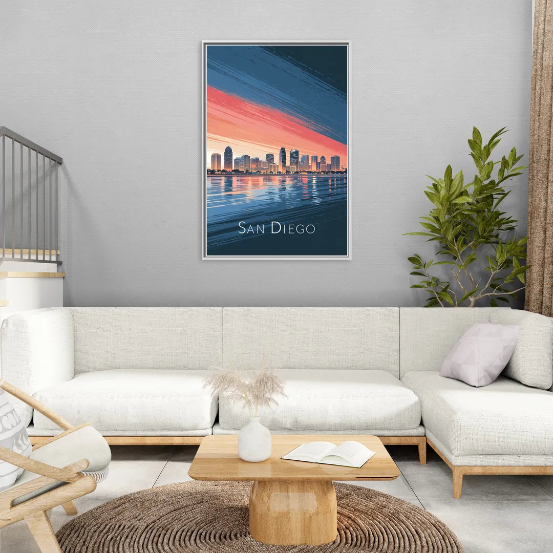 San Diego Urban Skyline - Living Room White Frame Canvas