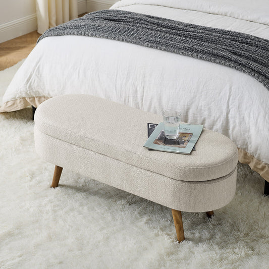 Beige Oval Ottoman Storage Bench – Elegant Rubber Wood Legs