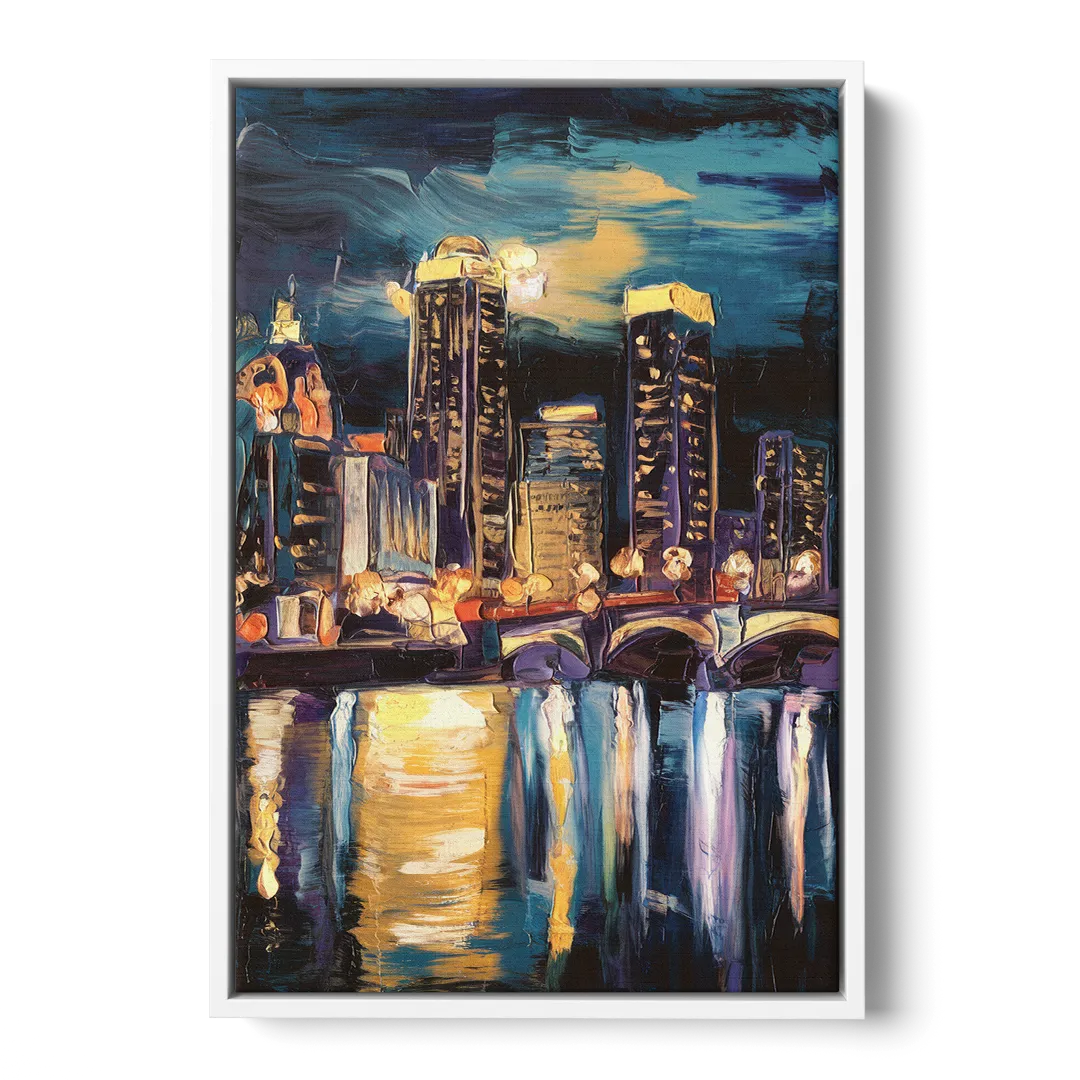 Grand Rapids Nighttime Skyline Glow - White Frame Canvas