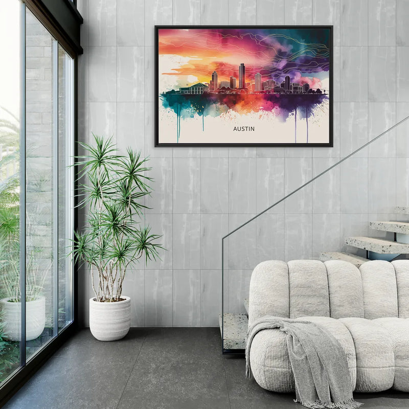 Austin Skyline Sunset Art - Living Room Black Frame Canvas