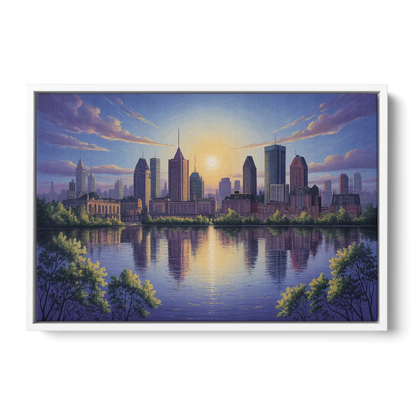 Montreal Skyline Reflections - White Frame Canvas