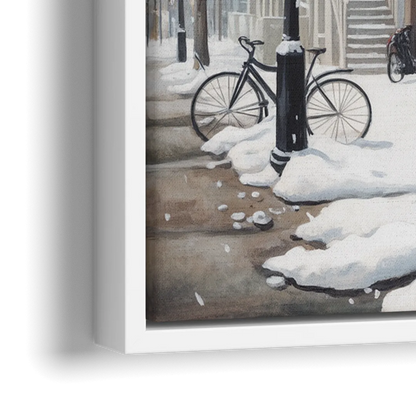 Montreal Snowy Streets - Close-Up White Frame Canvas