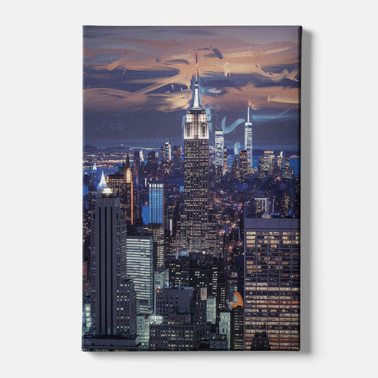 New York City Night Blue Lights Skyline - Canvas Wall Art