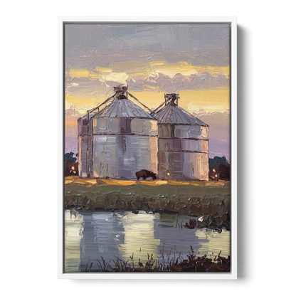Buffalo Grain Silos at Dusk - White Frame Canvas