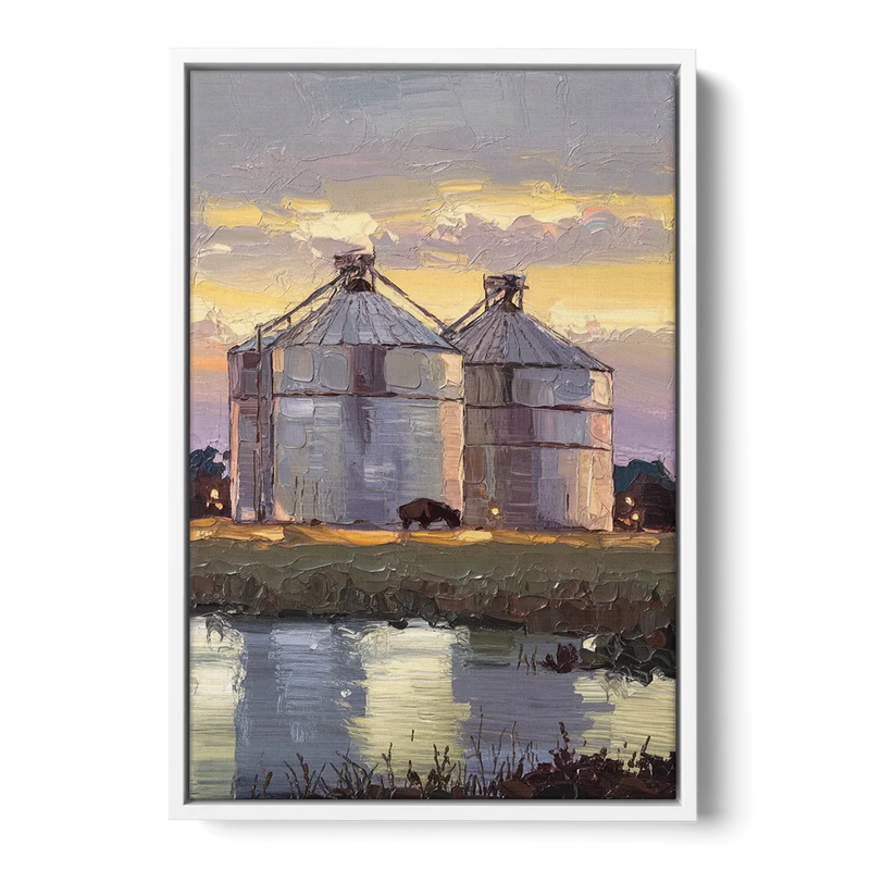 Buffalo Grain Silos at Dusk - White Frame Canvas