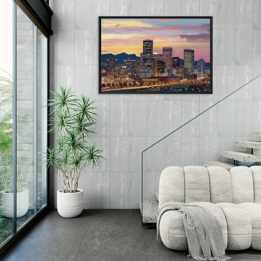 Denver Skyline At Dusk - Living Room Black Frame Canvas