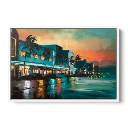 Miami Ocean Drive Lights - White Frame Canvas