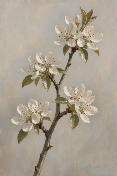 Grey Floral Wall Art with Pear Blossom Stem - Canvas Wall Art